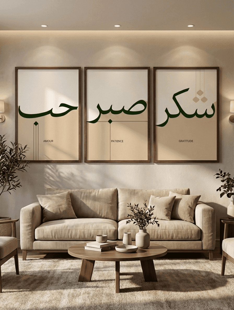 Tableau calligraphie arabe — Trio Chukr · Sabr · Hubb