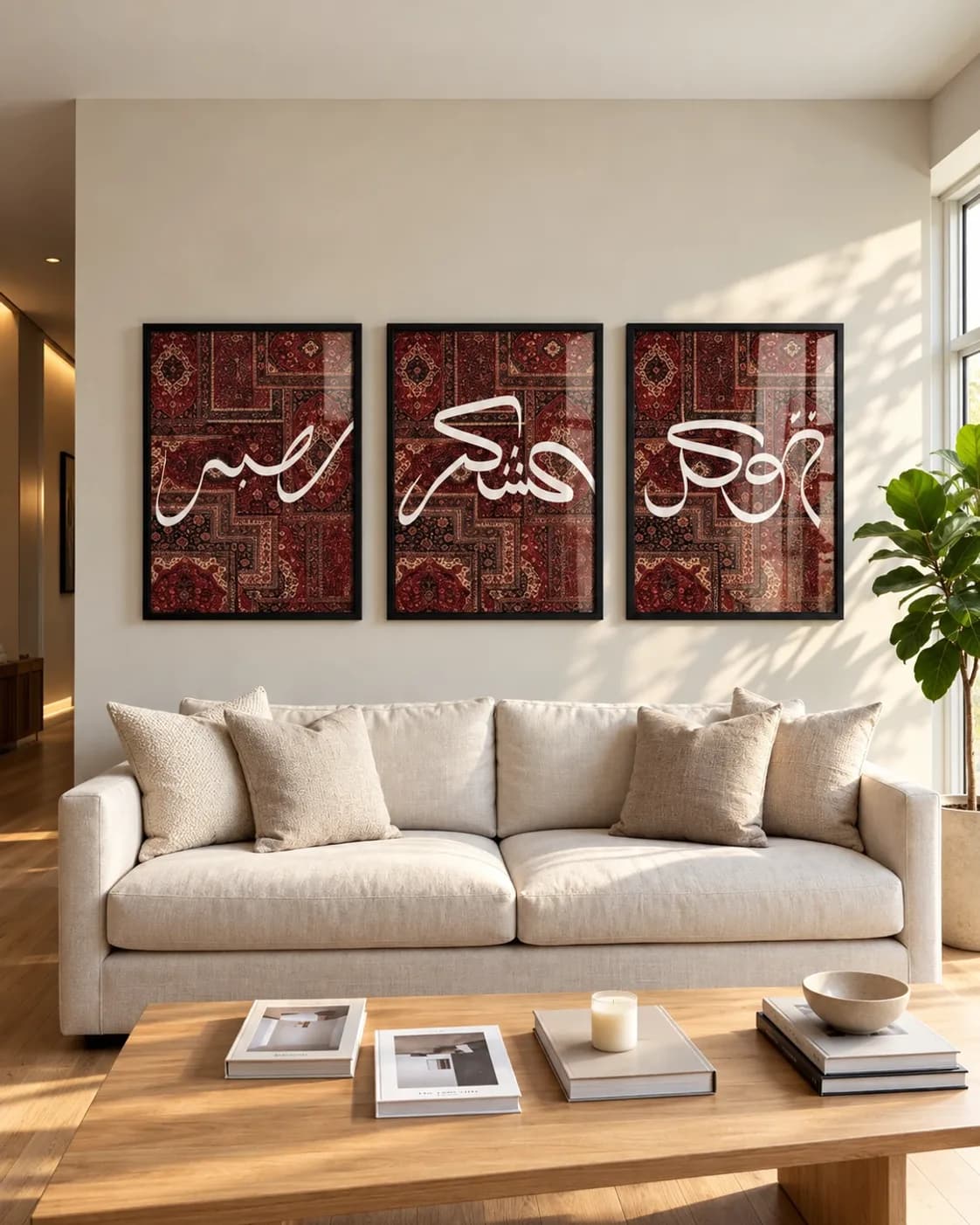 Tableau calligraphie arabe — Trio Sabr · Chukr · Tawakkul