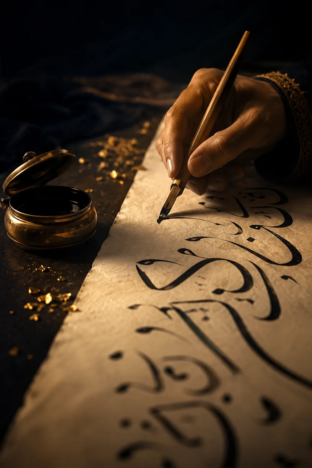 Main d’un calligraphe traçant une calligraphie arabe au qalam — Hurûf Paris